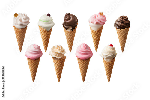 Different flavored ice-cream cones on a transparent background 