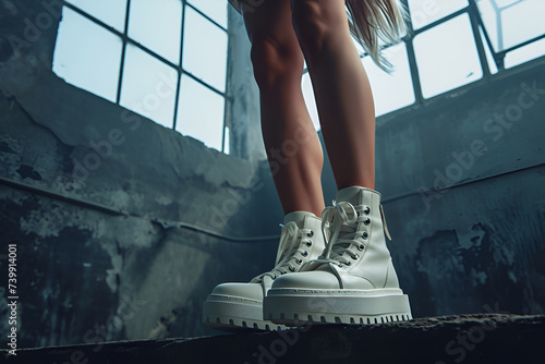 Beautiful legs of young girl with long hair in white boots on loft background. Advertising for women's footwear. AI Generative