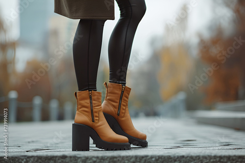 Women's legs in fashionable demi-season boots and black tights in autumn park with fallen leaves. Lonely sad girl walks in autumn street. AI Generative