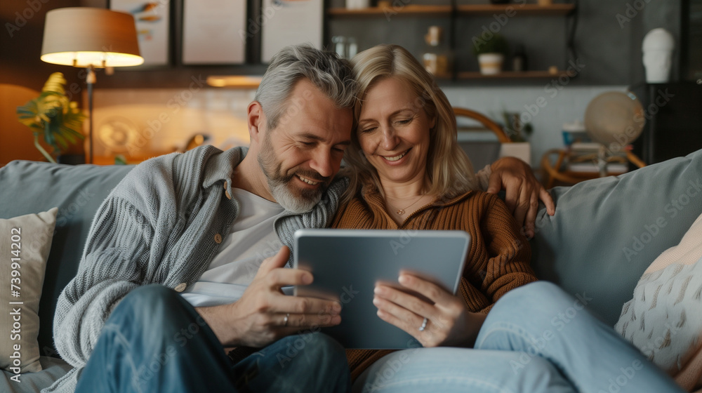 Happy middle aged couple using digital tablet relaxing on couch at home. Smiling mature man and woman holding tab computer browsing internet on pad technology device sitting on sofa in living room.