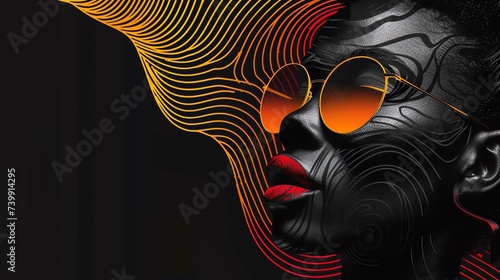 Abstract portrait of a beautiful black woman with neon disco make up. AI generated image.