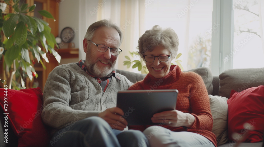 Happy middle aged couple using digital tablet relaxing on couch at home. Smiling mature man and woman holding tab computer browsing internet on pad technology device sitting on sofa in living room. Happy middle aged couple using digital tablet relaxing on couch at home. Smiling mature man and woman holding tab computer browsing internet on pad technology device sitting on sofa in living room.