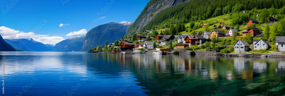 Serene Vista of a Nordic Fjord Village Surrounded by Majestic Green Mountains and Tranquil Blue Waters
