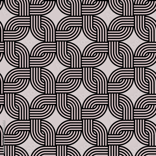 Seamless repeating pattern with black and white striped interlocking rings. Intersecting circles. Seamless repeating pattern. Vector illustration. 
