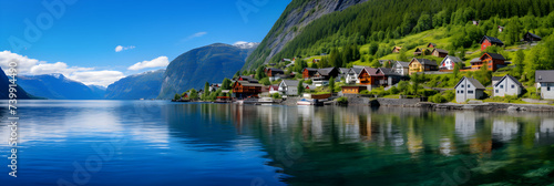 Serene Vista of a Nordic Fjord Village Surrounded by Majestic Green Mountains and Tranquil Blue Waters