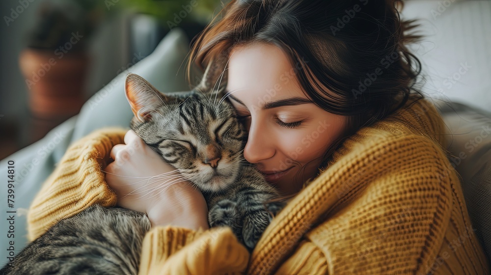 Young woman embracing cute cat on couch at home relxing together Young woman embracing cute cat on couch at home relxing together