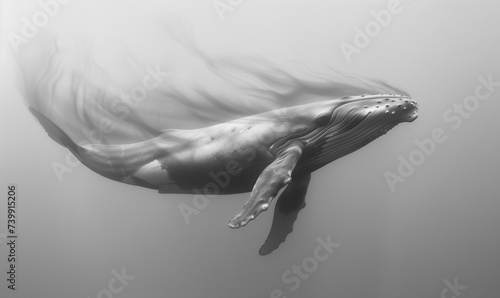 Black and white photograph of a whale underwater