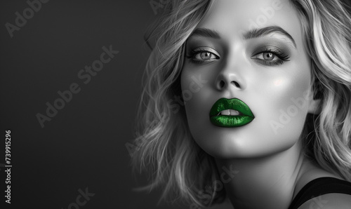 Portrait of a beautiful woman model in a hat with green lips