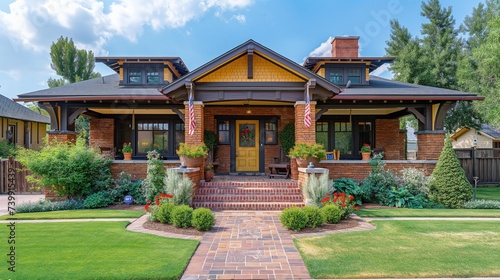 A classic craftsman home with a brick facade, a yellow front door, and a flagpole on the lawn © Ibrar Artist
