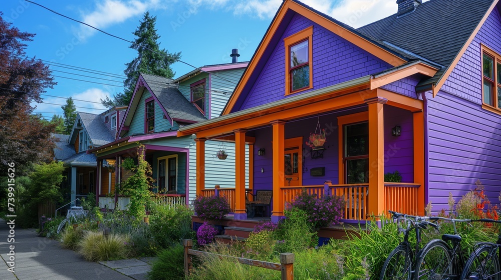 A colorful craftsman duplex with a purple and orange exterior, a shared front porch, and a bicycle rack on the sidewalk