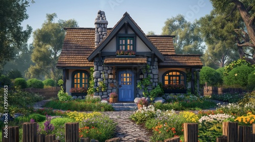 A cozy craftsman cottage with a stone chimney  a blue front door  and a flower bed along the fence