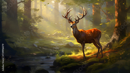 A deer with large antlers is laying in the forest.,, Deer with antlers in the forest HyperRealistic Illustration