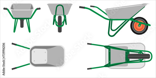 Vintage garden single wheel wheelbarrow with two handles, pneumatic tire and grey metal body front, back, side, top, bottom view set isolated on white vector illustration