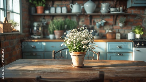 A rustic kitchen with a wooden table, a metal chair, and a pot of flowers.