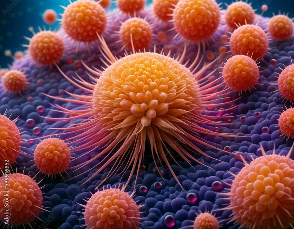 orange sea urchin surrounded by many orange spines, all on a purple background. orange sea urchin surrounded by many orange spines, all on a purple background.
