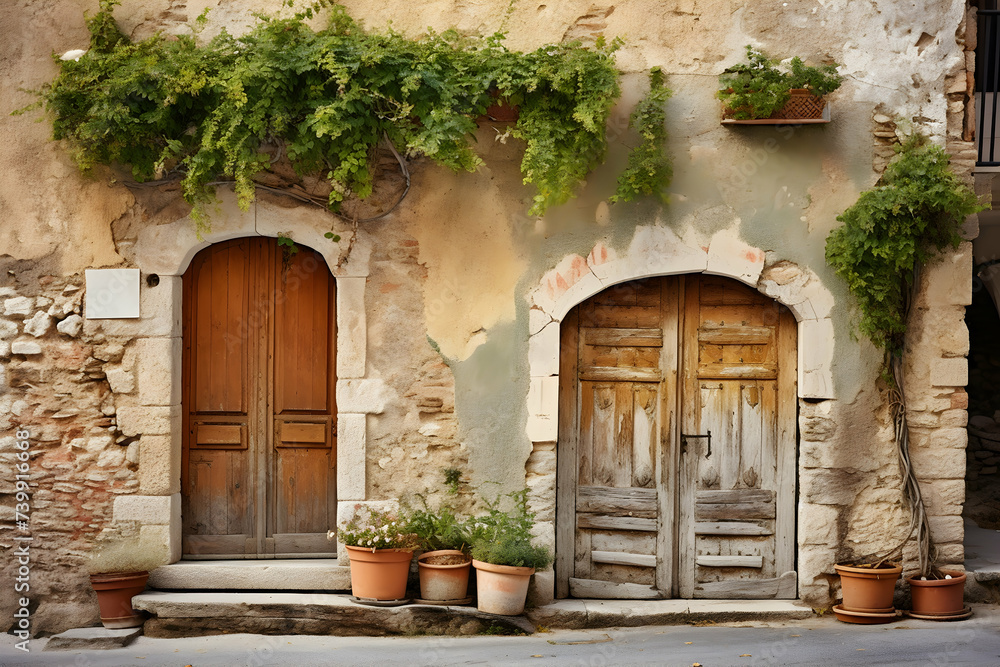 Old wooden door and flower pots on a stone wall. Tuscany, Italy
