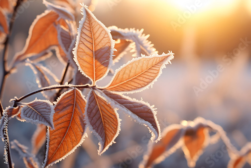 Autumn leaves in hoarfrost at sunset. Natural background.