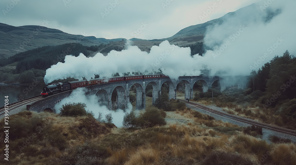 Fototapeta premium Train pulled by a steam locomotive travels over the bridge.