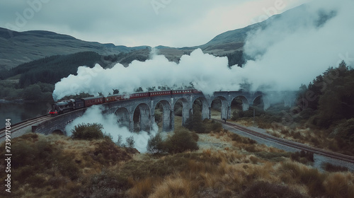 Train pulled by a steam locomotive travels over the bridge.