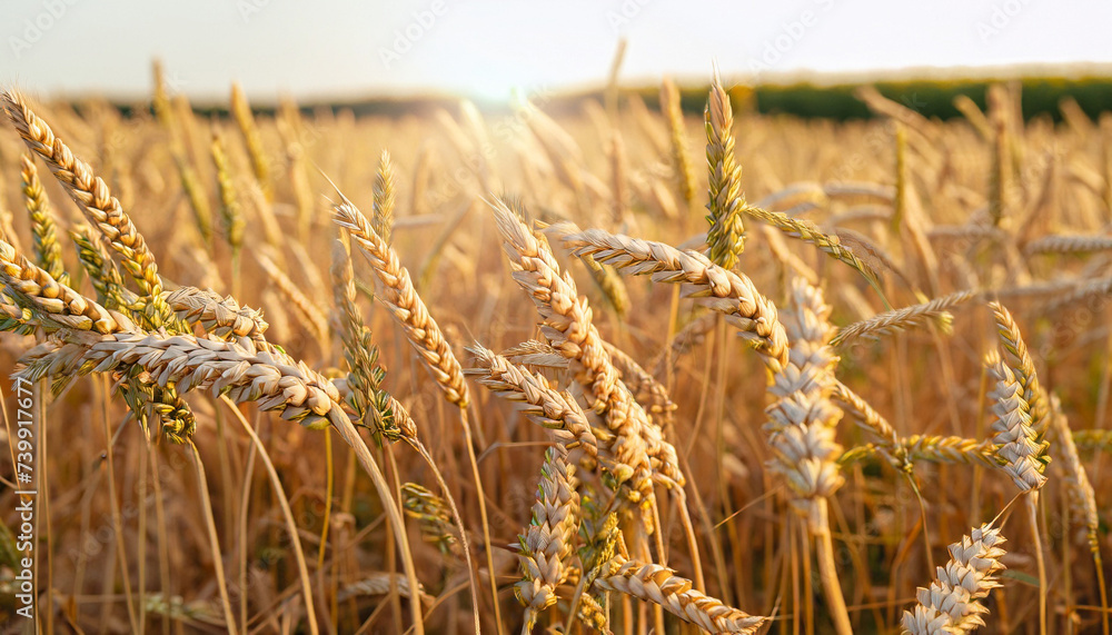 Fototapeta premium Wheat field. Ears of golden wheat close up. Beautiful Nature Sunset Landscape. Rural Scenery under Shining Sunlight. Background of ripening ears of wheat field. Rich harvest Concept. Label art design