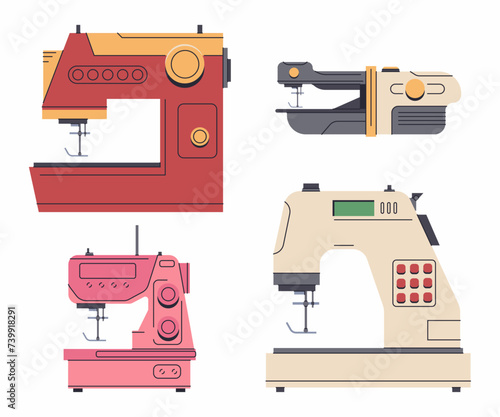Sewing machines vector cartoon set isolated on a white background.