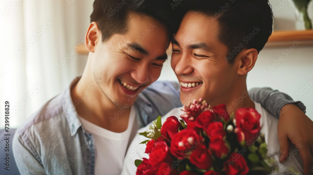 Happy asian gay couple hugging with bouquet flowers. Engagement celebration. Pride concept. Generative AI Happy asian gay couple hugging with bouquet flowers. Engagement celebration. Pride concept. Generative AI