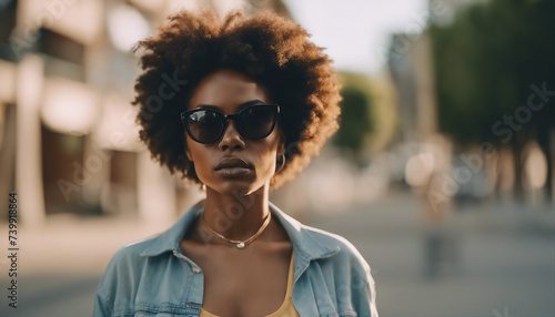 portrait of afro american women with black sunglasses, glasses advertising shoot, copy space for text  © abu