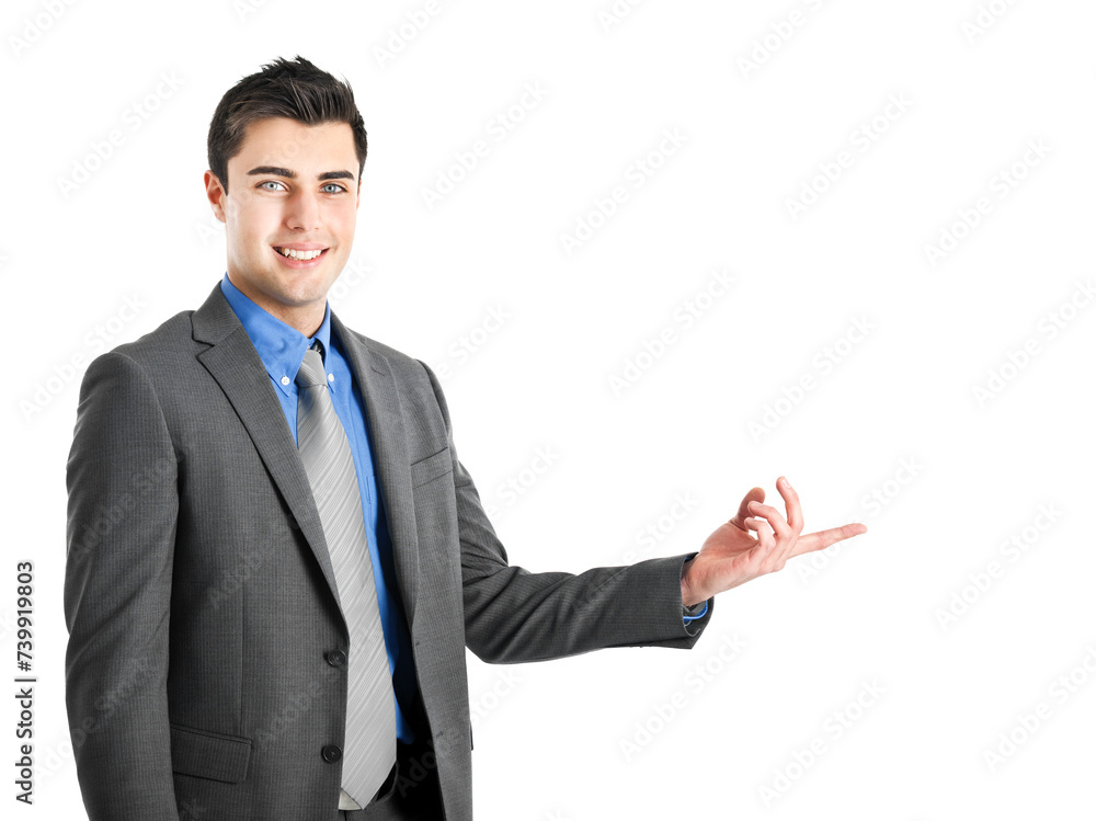 Professional young man presenting with hand gesture Professional young man presenting with hand gesture