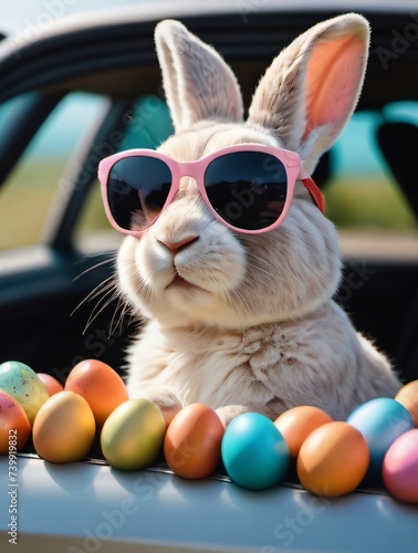 Photo Of Cute Easter Bunny With Sunglasses Looking Out Of A Car Filed With Easter Eggs.