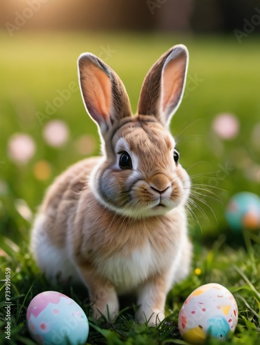 Photo Of Happy Easter! Eastern Cute Easter Bunny Meadow, Rabbit, Grass, Nature, Easter Eggs, Ostern, Eastern Decoration Concept, Greetings And Presents On Easter Day Celebrate Time, , Sp. © Pixel Matrix