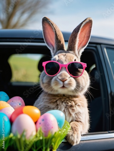 Photo Of Cute Easter Bunny With Sunglasses Looking Out Of A Car Filed With Easter Eggs.