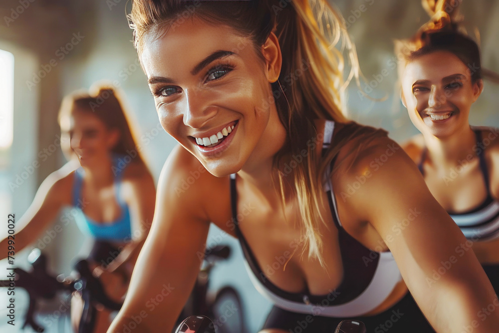 Beautiful fitness girl during cycling class indoors - obrazy, fototapety, plakaty 