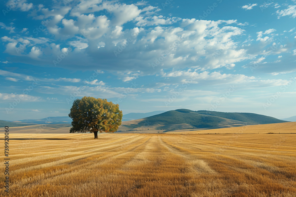 Fototapeta premium Single tree in a golden field with distant hills and blue sky