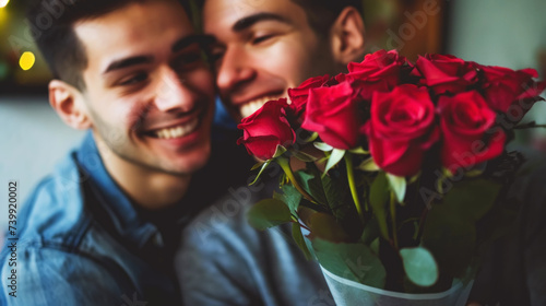 Happy caucasian gay couple hugging with bouquet flowers. Engagement celebration. Pride concept. Generative AI