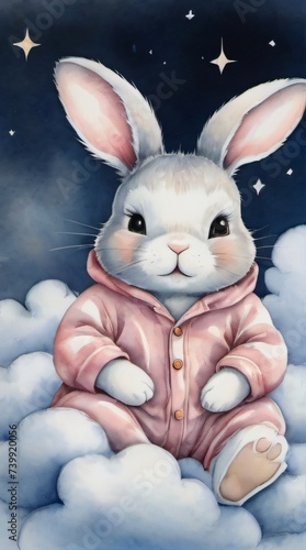 Photo Of Cute Bunny In Pajama Sleeps On Cloud, Watercolor Hand Drawn Illustration, With White Isolated Background.