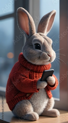 Photo Of 3D Render Of A Cute Rabbit In A Sweater In Front Of A Window And Using A Smartphone.