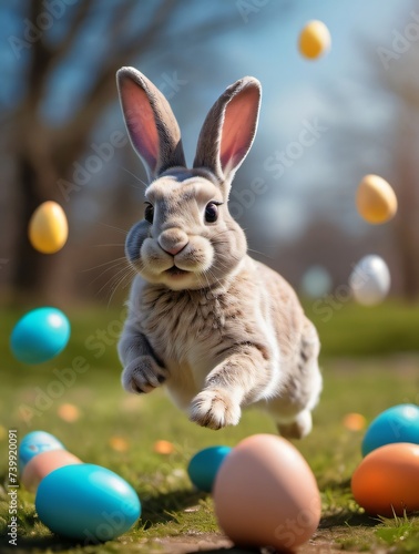 Photo Of Running Happy Easter Bunny With Eggs Flying Everywhere Created By Generative Artificial Intelligence.