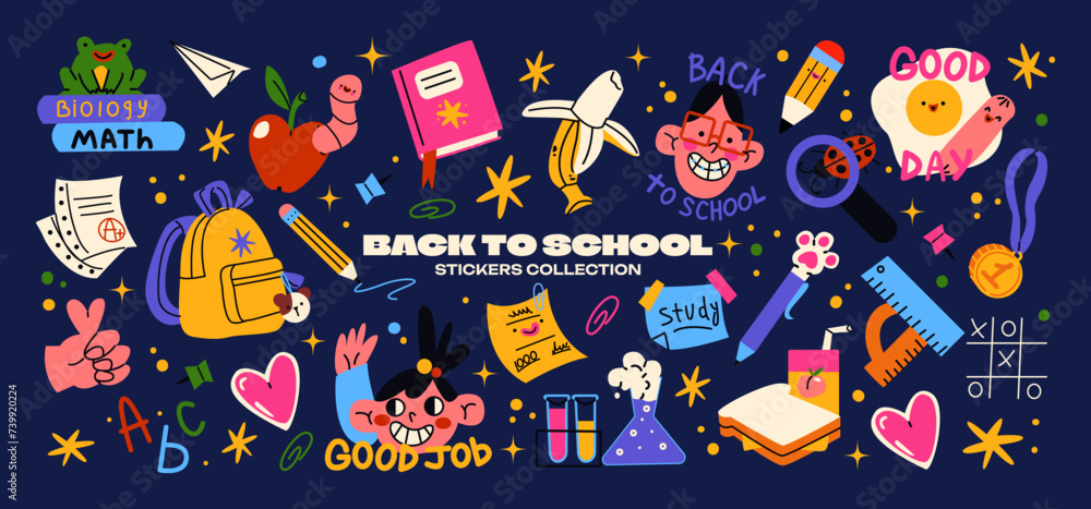Set cartoon back to school stickers in the 90s style. Retro elements, office, study. Groovy characters students, school supplies, lessons, university. Trendy bright vector set