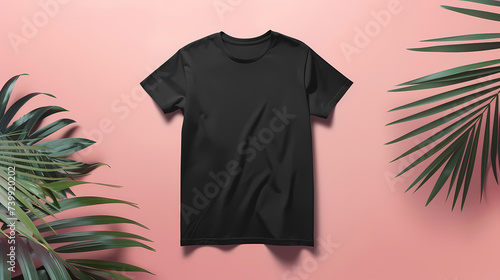 Black T-Shirt With Palm Leaves on Pink Background for Product Mockup Design Template