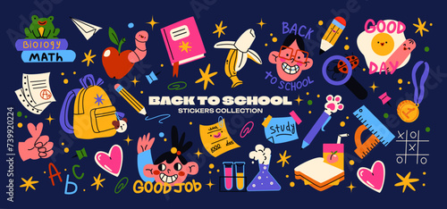 Set cartoon back to school stickers in the 90s style. Retro elements, office, study. Groovy characters students, school supplies, lessons, university. Trendy bright vector set photo