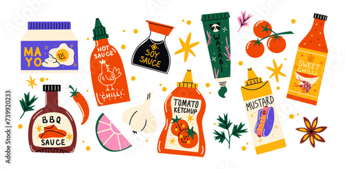 Cartoon set of sauces and dressings. Mayonnaise, barbecue, ketchup,mustard, soy sauce. Vector set of food design. Various bottles  hand drawn.