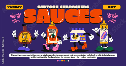 Cartoon characters mascot sauces and dressings. Mayonnaise, barbecue, ketchup, mustard. Vector set of food design. Walking different bottles with gloved hands. Groovy Retro Poster