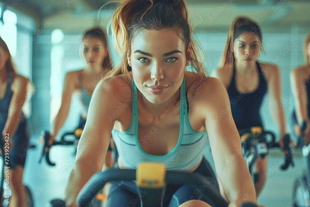 Beautiful fitness girl during cycling class indoors Beautiful fitness girl during cycling class indoors