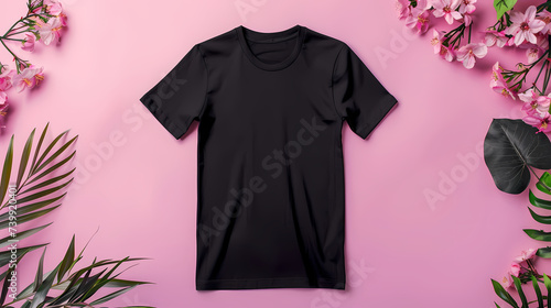 Black T-Shirt Display on Pastel Pink Background for Product Mockup Design Template photo