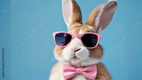 Photo Of Funny Easter Concept Holiday Animal Celebration Greeting Card Cool Easter Bunny Rabbit With Pink Sunglasses And Bow Tie Isolated On Blue Background.