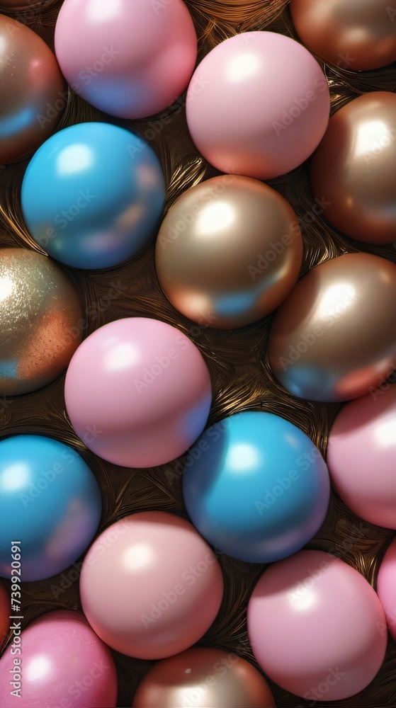 Photo Of 3D Illustration Of Sphere, Easter, Spring, Chocolate In Pnk, Blue, Red, Gold And Blink Ball And Bunny In White, Pastel, Gold And Rose Pink Colour, Holiday. Photo Of 3D Illustration Of Sphere, Easter, Spring, Chocolate In Pnk, Blue, Red, Gold And Blink Ball And Bunny In White, Pastel, Gold And Rose Pink Colour, Holiday.