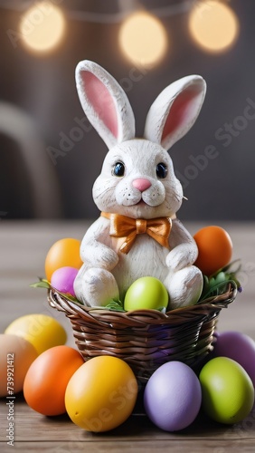 Photo Of Easter Bunny Figurine With Easter Eggs In Basket, Christian Holiday Banner.