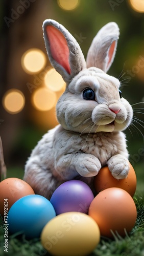 Photo Of Easter Bunny With Easter Eggs.
