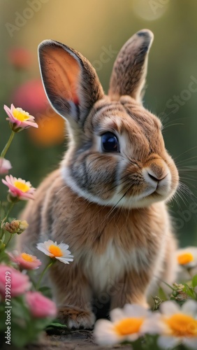 Photo Of Cute Rabbit With Flowers Illustration.