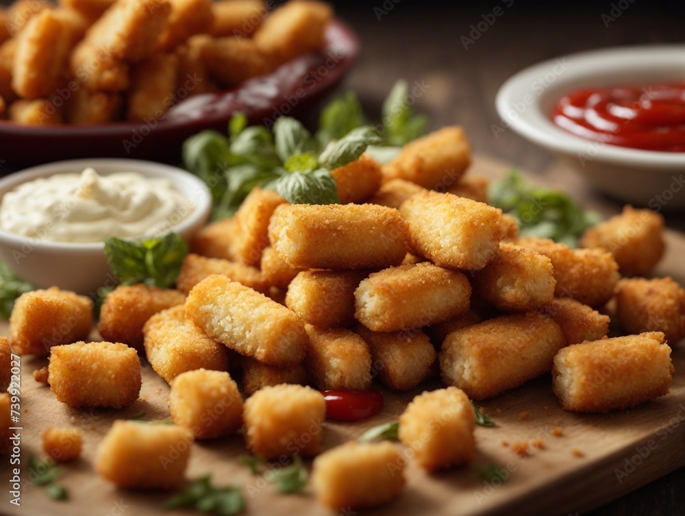 Crumbed golden fried fish fingers in sticks. AI Generated. Crumbed golden fried fish fingers in sticks. AI Generated.